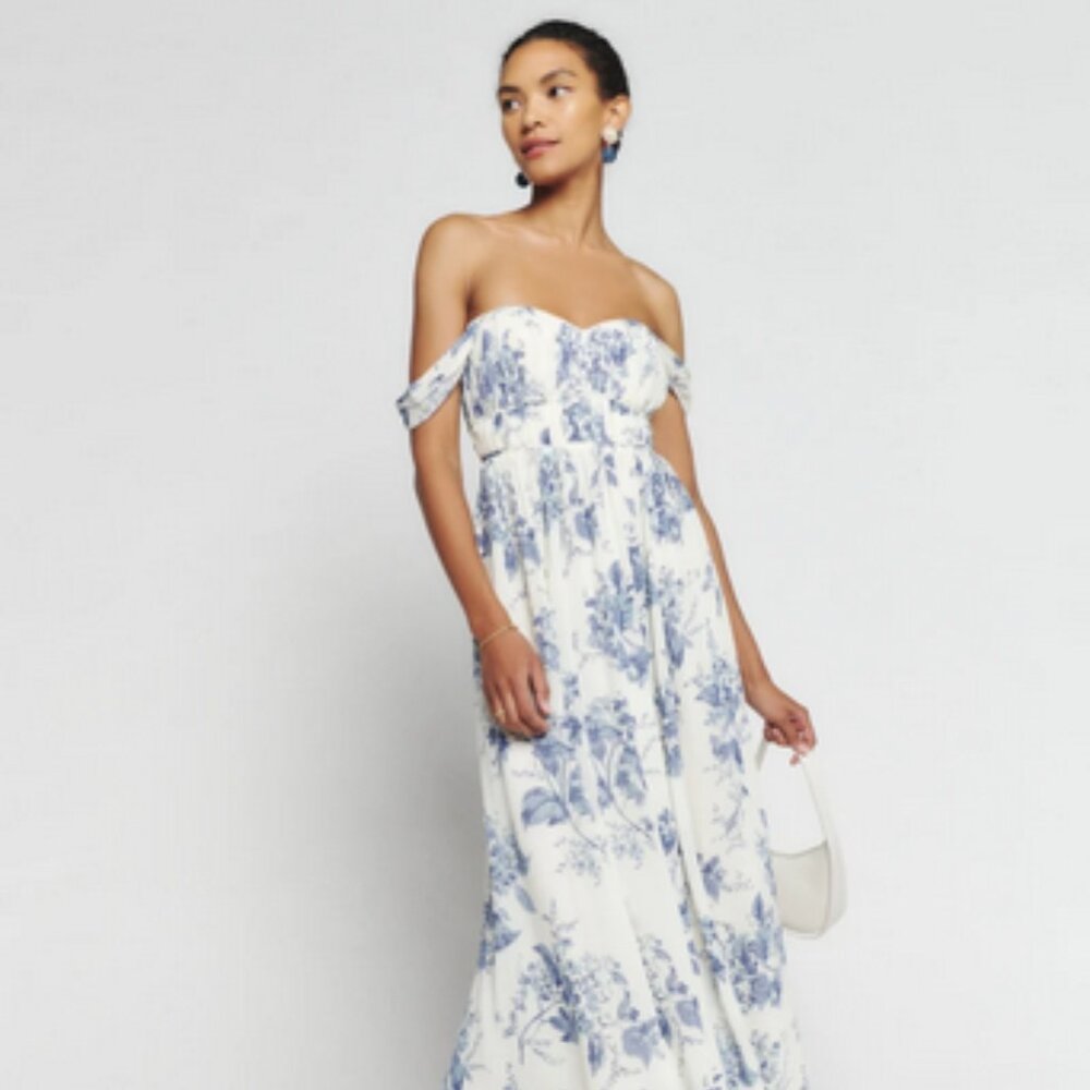 Reformation -- Jayde Dress (blue and white; florals)